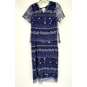 Y2K Sheer Mesh 2-Piece Set Navy Floral Top Maxi Skirt Fairy Boho M‎